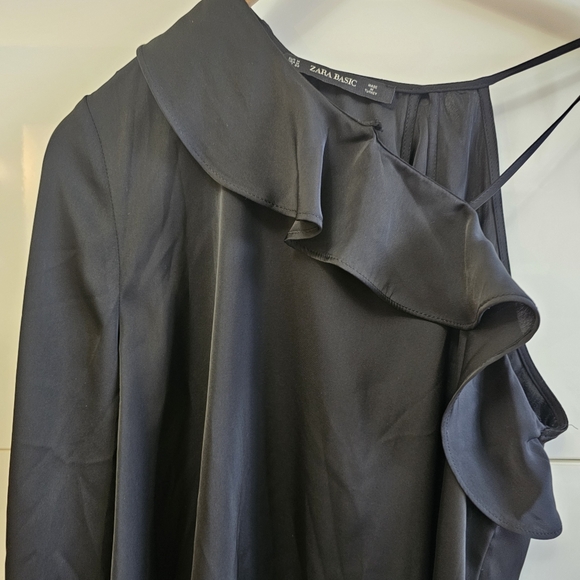 Zara One Shoulder Blouse Black Satin Ruffle Top Long Sleeve Flowy Sexy - Picture 5 of 7